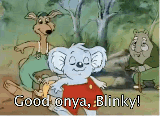 a cartoon of a koala bear standing next to a kangaroo and a bear .