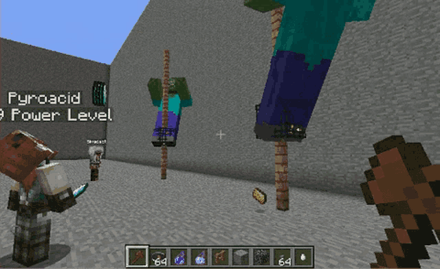 a screenshot of a minecraft game shows a character with a red backpack and the word pyroacid on the screen