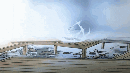 a drawing of a bridge over a body of water with an anchor in the background