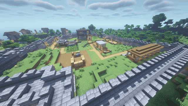 an aerial view of a minecraft world with a few buildings