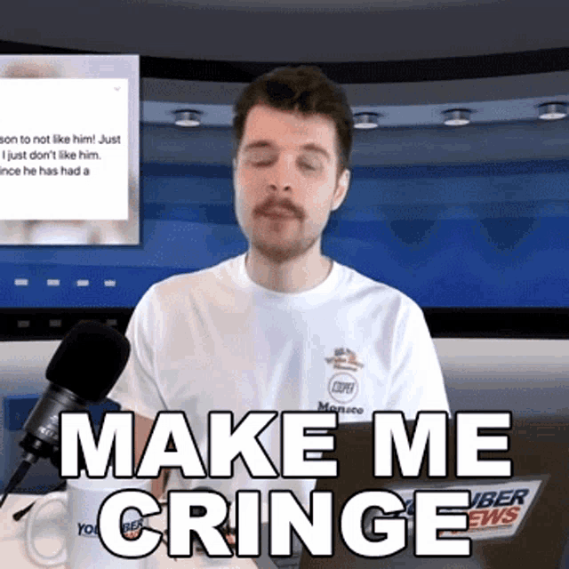a man says make me cringe in front of a viber news sign