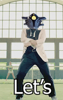 a man in a suit and tie is dancing with the words let 's written below him