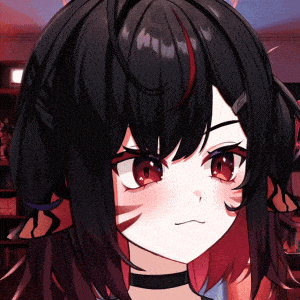 a close up of a anime girl with black hair and red eyes