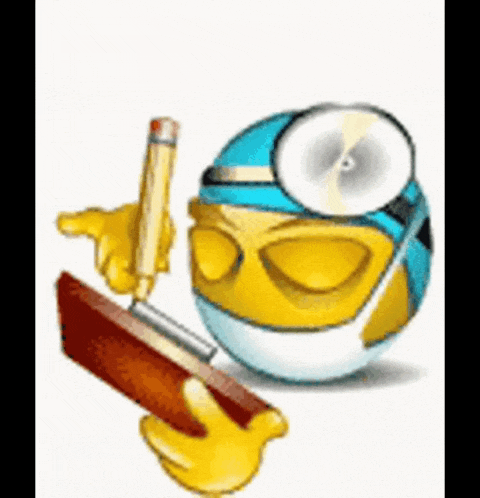 a smiley face wearing a doctor 's mask and glasses is writing on a piece of paper .