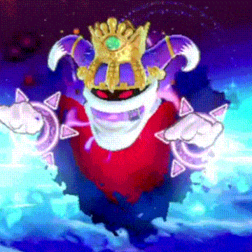 a cartoon character with a crown on his head is flying through a hole in the sky .