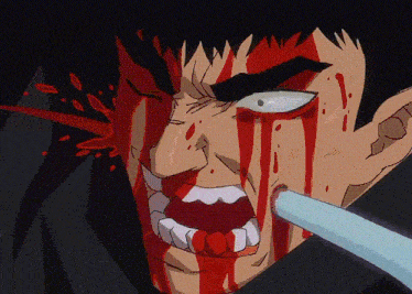 a cartoon character with blood on his face and mouth