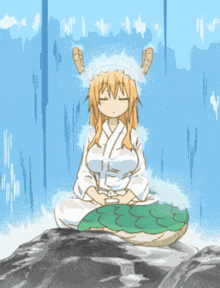 a cartoon of a girl meditating on a rock
