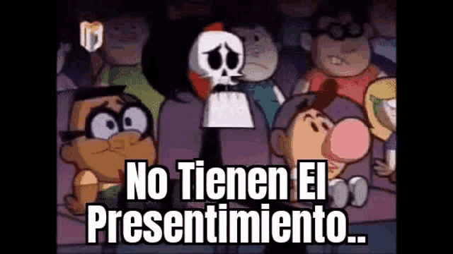 a group of cartoon characters are sitting in a theater and a skeleton is standing in front of them .