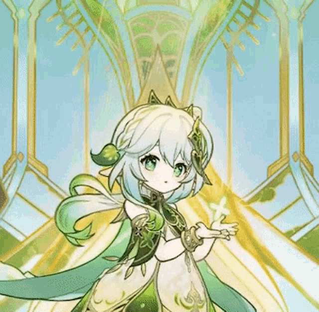 a girl in a green dress with a flower in her hand