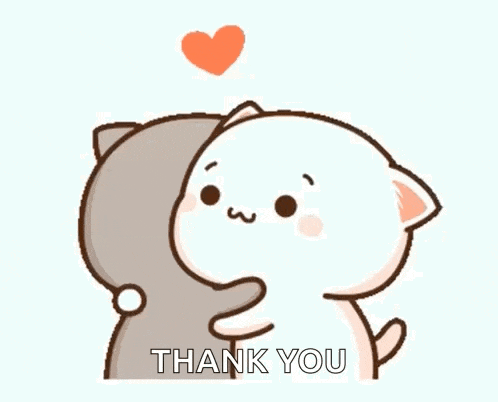 a cartoon cat is hugging another cat with a heart in the background and saying `` thank you '' .