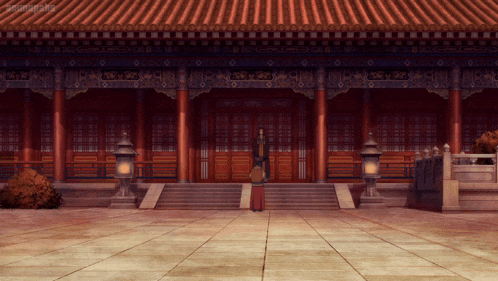 a man stands in front of a building that says ' samurai champloo ' on the bottom