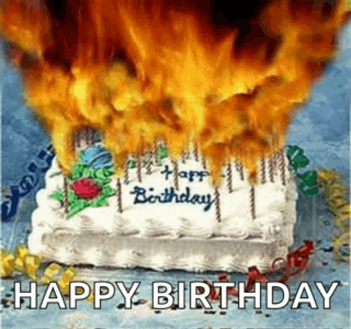 a birthday cake is on fire with the words `` happy birthday '' written on it .