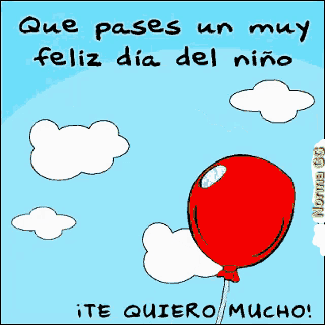 a cartoon of a teddy bear holding a red balloon says que pases un muy feliz dia del niño te quiero mucho