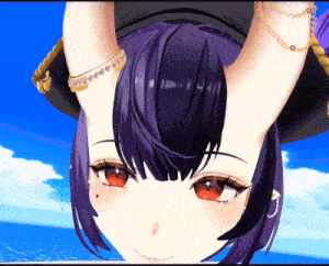 a girl with purple hair and red eyes is wearing a black hat