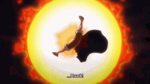 monkey d luffy is flying through the air in front of a large fireball .