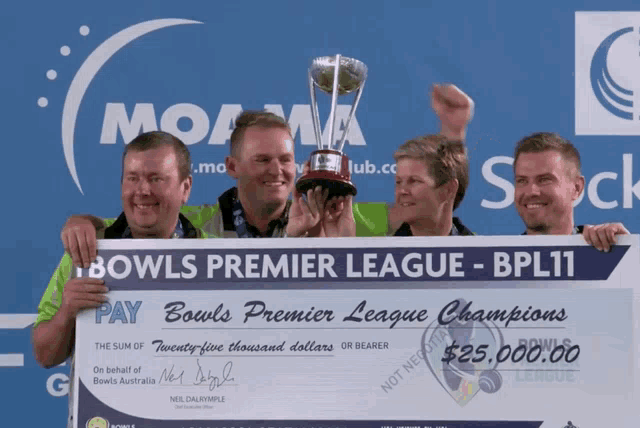 the bowls premier league champions are holding a trophy and a large check