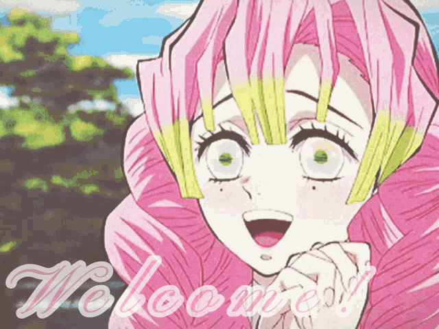 a picture of a girl with pink hair and green eyes says welcome