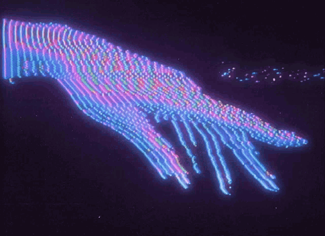 a hand made of glowing lines on a purple background