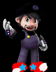 a cartoon character with the letter b on his hat and gloves