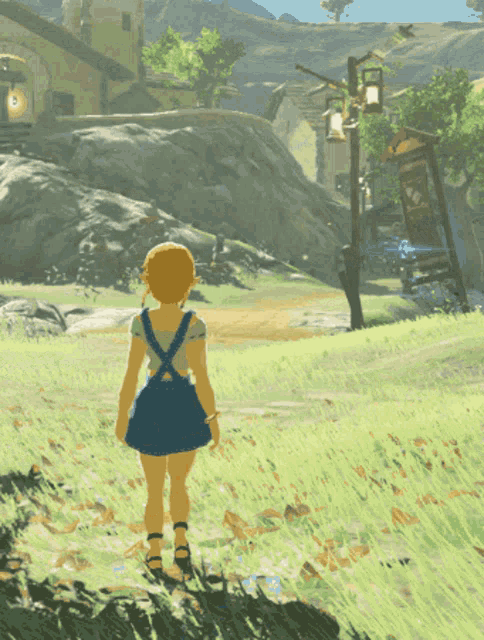 a girl in overalls is walking through a field