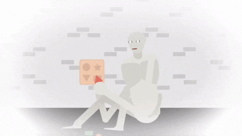 a cartoon drawing of a person sitting on the floor holding a box with triangles and stars on it