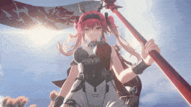 a girl with pink hair is holding a red pole that says ' nintendo ' on it