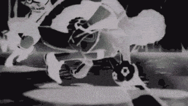 a black and white drawing of a soccer player kicking a ball .