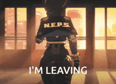 a robot with the word n.e.p.s. on the back of his jacket