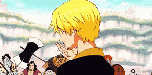 a man with yellow hair is standing in front of a group of people in a cartoon .