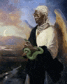 a blurry picture of a man with wings holding a snake .