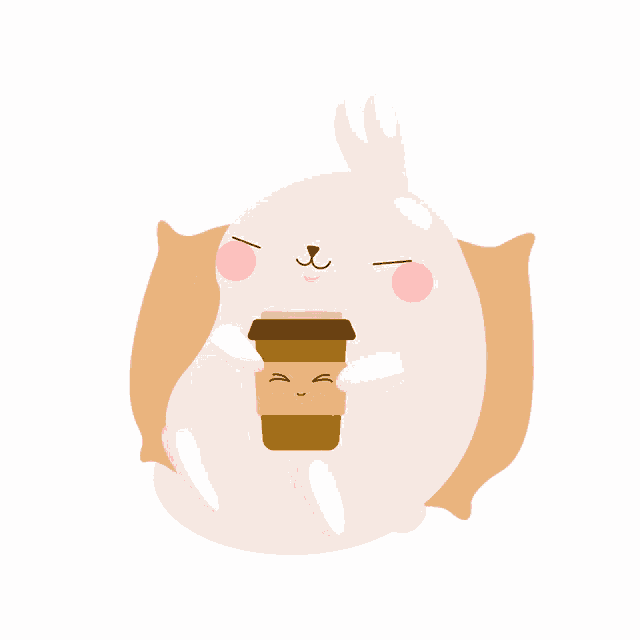 a cartoon bunny holding a cup of coffee with hearts around it