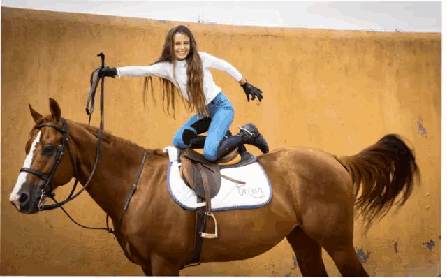a woman is riding a brown horse with a saddle that says tania