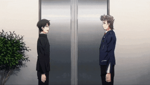 two anime characters are standing next to each other in front of a door