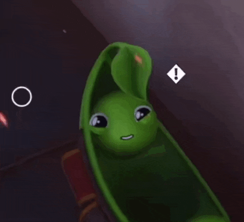 a green frog in a pod with a white exclamation point