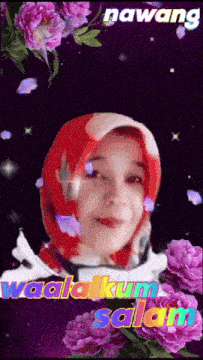 a woman in a red head scarf is surrounded by purple flowers and the words nawang