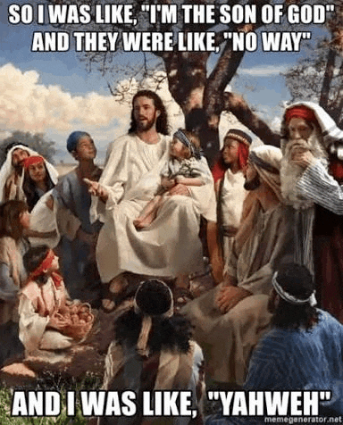 jesus is sitting on a tree talking to a group of people while holding a baby .