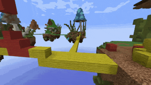 a screenshot of a minecraft game with a yellow bridge and floating islands