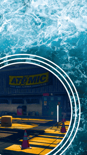 a sign for atomic fire and rubber products
