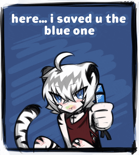 a drawing of a cat giving a thumbs up with the words here i saved u the blue one below it