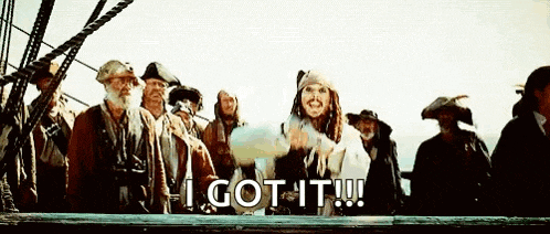 a group of pirates on a boat with the words `` i got it '' written on the bottom of the image .