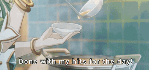 a woman is pouring soup into a bowl and the words done with my hits for the day