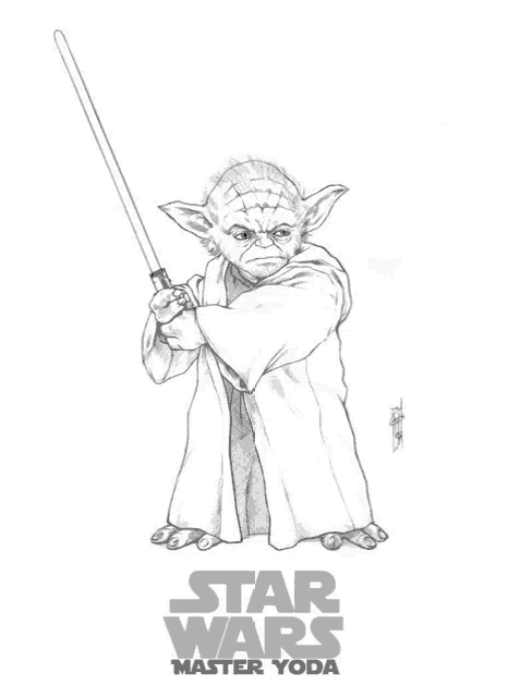 a black and white drawing of yoda from star wars holding a light saber