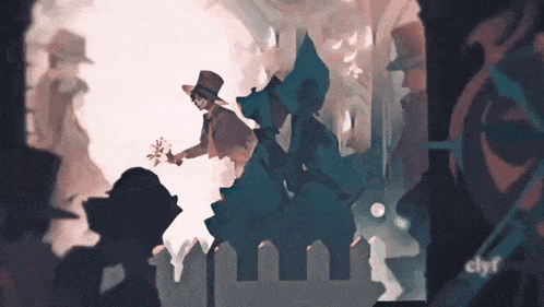 a man in a top hat is holding a flower while a woman in a blue dress looks on