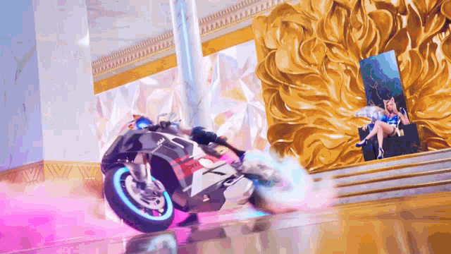 a woman is sitting on a throne while riding a motorcycle in a room
