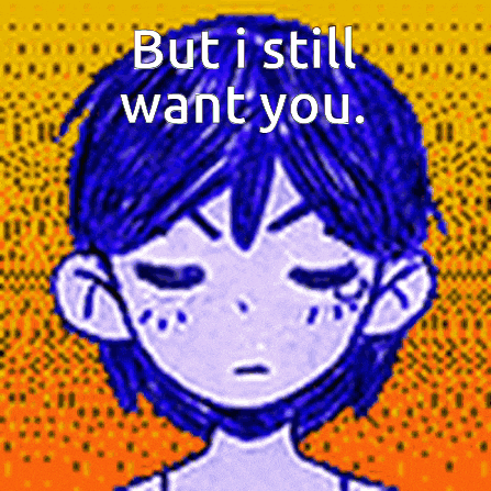 a pixel art of a boy with blue hair and the words `` but i still want you ''
