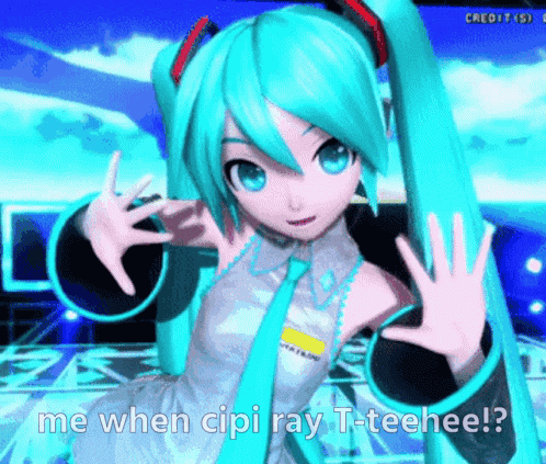 a cartoon girl with blue hair and headphones is dancing and says me when cipi ray t-teehee