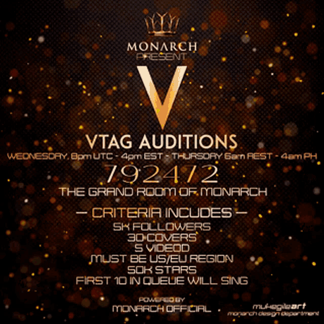 a poster for monarch presents vtag auditions on wednesday