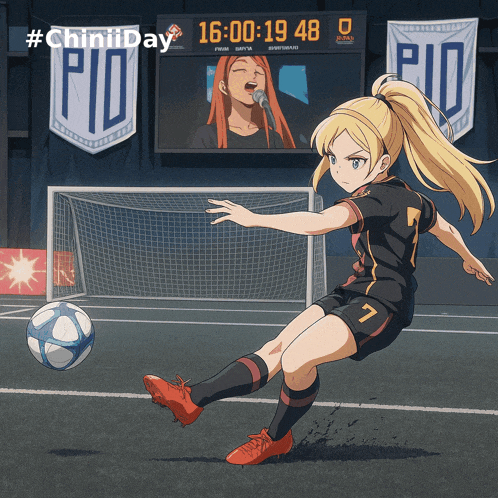 a girl kicking a soccer ball in front of a scoreboard that reads 16 00 19 48