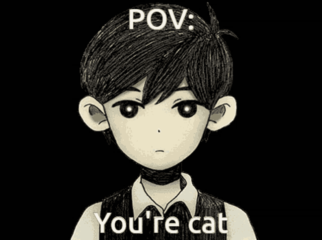 a black and white drawing of a boy with the words pov you 're cat below him