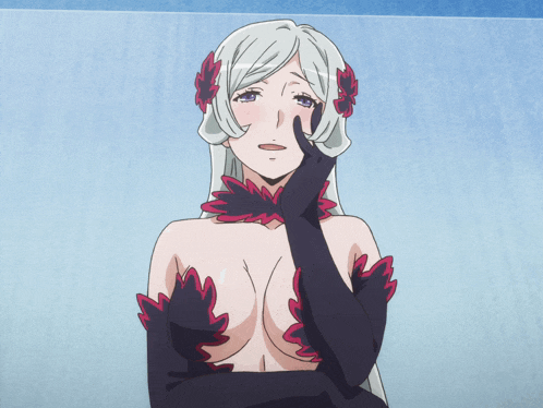 a woman with white hair and black gloves holds her finger to her face